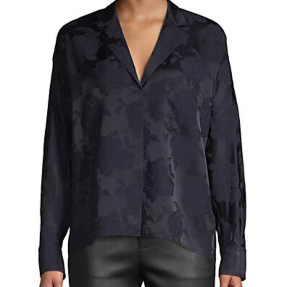 Vince Floral Jacquard V-neck Long Sleeve Blouse Deep Navy Blue Oversized